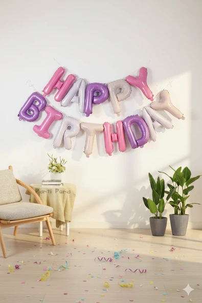 35 cm Happy Birthday Pembe Mor Harf Folyo Balon Seti - Doğum Günü Parti Dekorasyonu ürün görseli 1