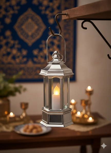 Ramazan Ledli Dekoratif Fener Parlak Gümüş Renk 10 cm Masa ve Raf Süsü ürün görseli 1