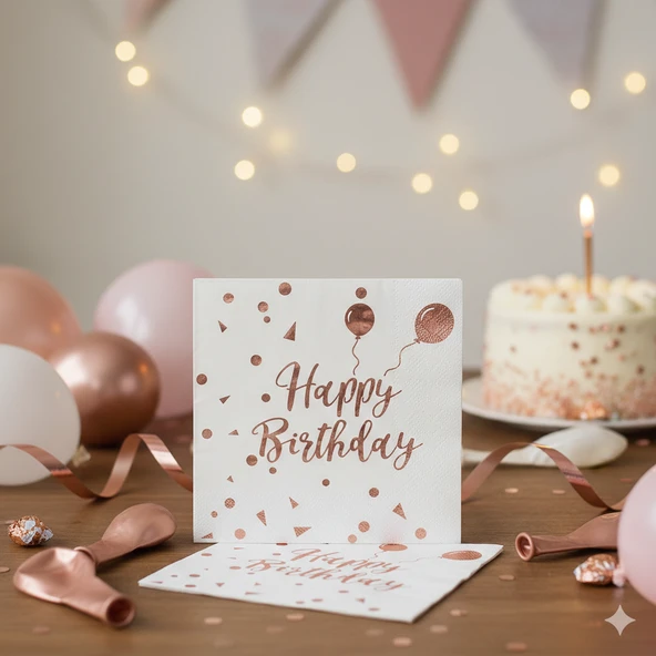 Varaklı Happy Birthday Yazılı Peçete - Beyaz Zemin Rose Gold Baskı ürün görseli 1