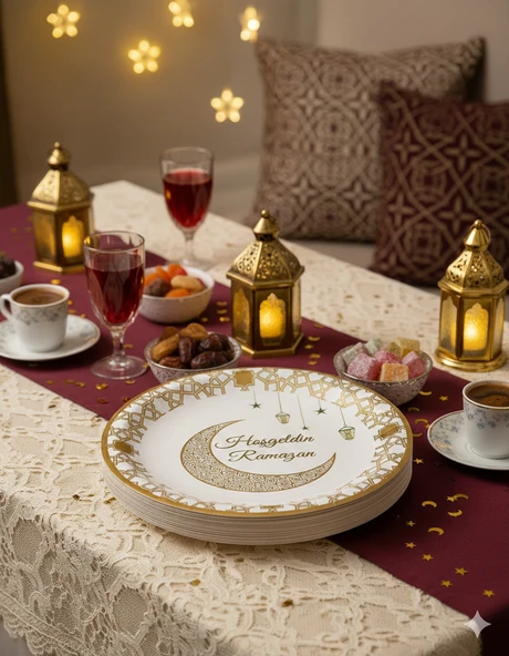 23 cm Gold Varaklı Ramazan Tema Karton Tabak 6 Parça - Ramazan Sofra ve İkram Tabağı ürün görseli 1