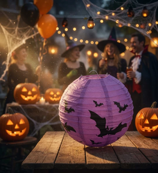 Halloween Japon Feneri 30 cm Mor Yarasa Desenli Cadılar Bayramı Parti Süsleme ürün görseli 1