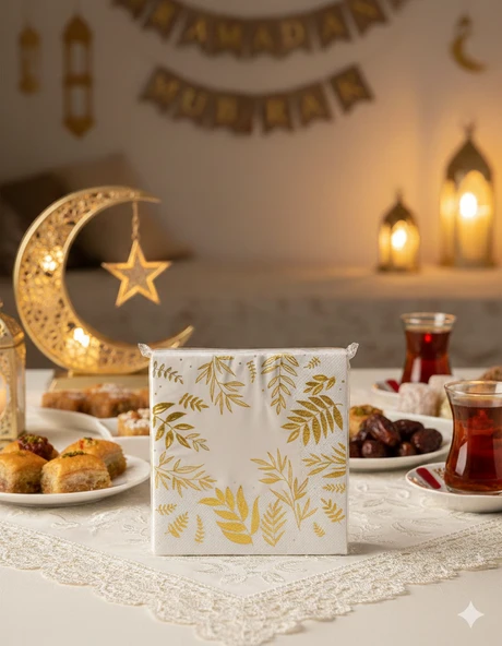 Ramazan Varaklı Yaprak Model Altın Peçete 20 Parça - Ramazan Sofra Peçetesi - Resim 2