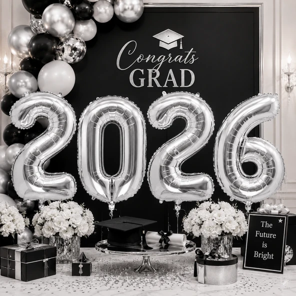 Folyo Balon Mezuniyet 2026 Yazısı Silver Gümüş Set 40 İnç 100 cm 4 Rakam Parti Süsü ürün görseli 1