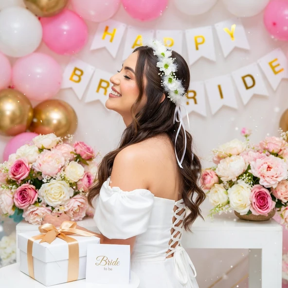 Çiçekli Kurdeleli Bride Taçı Bekarlığa Veda Parti Aksesuarı Çember Taç ürün görseli 1