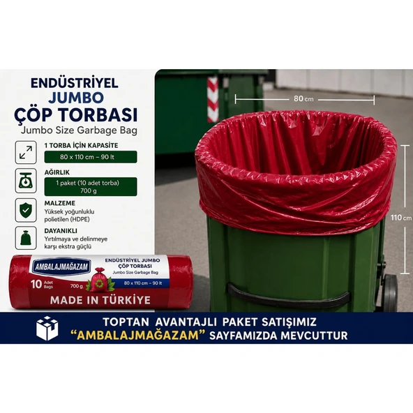 Ethex Extra Kalın Endüstriyel 80x110 cm 700 Gr Jumbo Çöp Torbası 90 Litre 10 Adet Çöp Poşeti ürün görseli 1