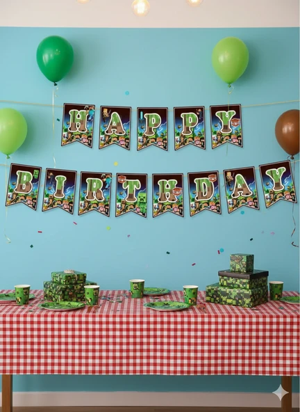 Minecraft Happy Birthday Banner Erkek Çocuk Doğum Günü Parti Dekorasyon Süsü 17x180 Cm ürün görseli 1