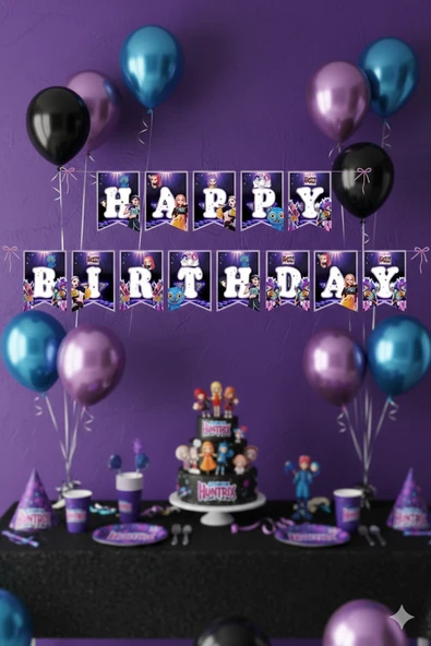 K-POP Demon Hunters Huntrix Happy Birthday Yazılı Doğum Günü Banner 17x170 cm ürün görseli 1