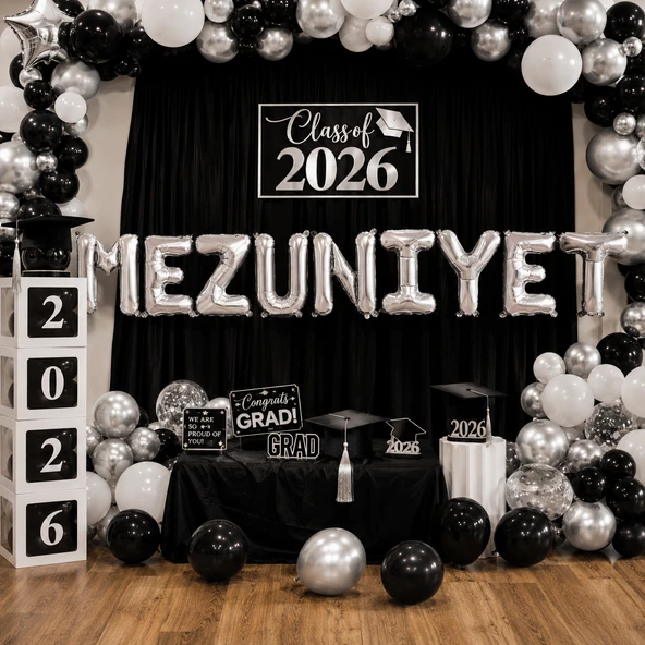 Folyo Balon Mezuniyet Yazısı Gümüş Silver Set 40 İnç 100 cm 9 Harf Parti Dekorasyonu ürün görseli 1