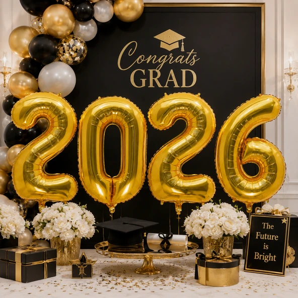 Folyo Balon Mezuniyet 2026 Yazısı Gold Altın Set 40 İnç 100 cm 4 Rakam Parti Süsü ürün görseli 1