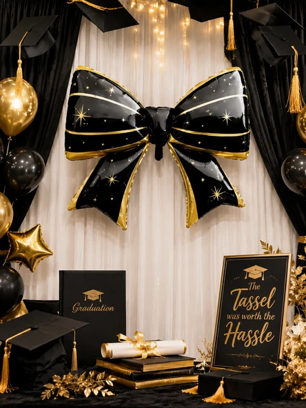 Mezuniyet Fiyonk Folyo Balon Siyah Gold 98x75 cm Mezuniyet Partisi Süsü Dekorasyonu ürün görseli 1