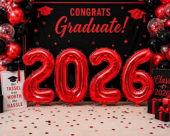 Folyo Balon Mezuniyet 2026 Yazısı Red Kırmızı Set 40 İnç 100 cm 4 Rakam Parti Süsü ürün görseli 1