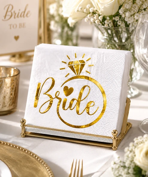 Bride Yüzük Model Varak Baskılı Peçete 20 Parça Beyaz Gold Bekarlığa Veda Masa Süsü ürün görseli 1