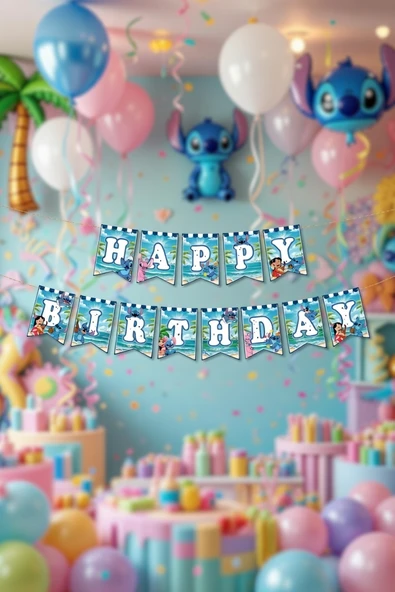 Happy Birthday Stitch Bayraklı Banner 17x170 Cm Doğum Günü Parti Süsü ürün görseli 1