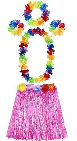 Yetişkin ve Çocuk Uyumlu Luau Aloha Hawaii Pembe Etek ve Renkli Kolye Taç 2 Adet Bileklik Seti ürün görseli 1