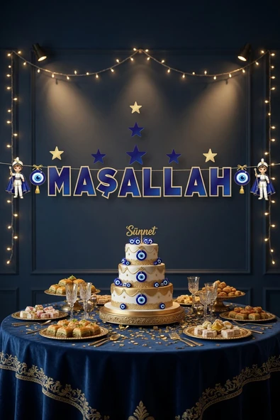 Maşallah Yazılı Sünnet Banner Mavi Gold 160 cm Sünnet Süsü Parti Dekorasyon ürün görseli 1
