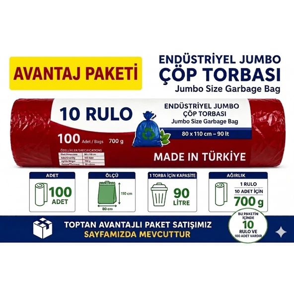 Ethex 80x110 cm 700 Gr Extra Kalın 100 Adet 10'Lu Avantaj Paket Endüstriyel Jumbo Çöp Torbası 90 Litre Çöp Poşeti ürün görseli 1