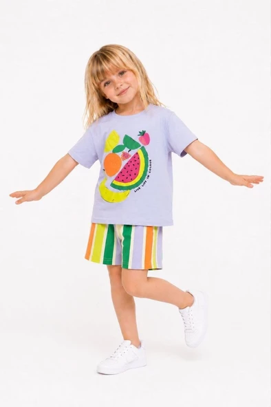 Cg Kids Meyve Baskılı Kabartma Renkli Çizgili Şortlu  Kız Çocuk Takım - Lila / Çok Renkli ürün görseli 1