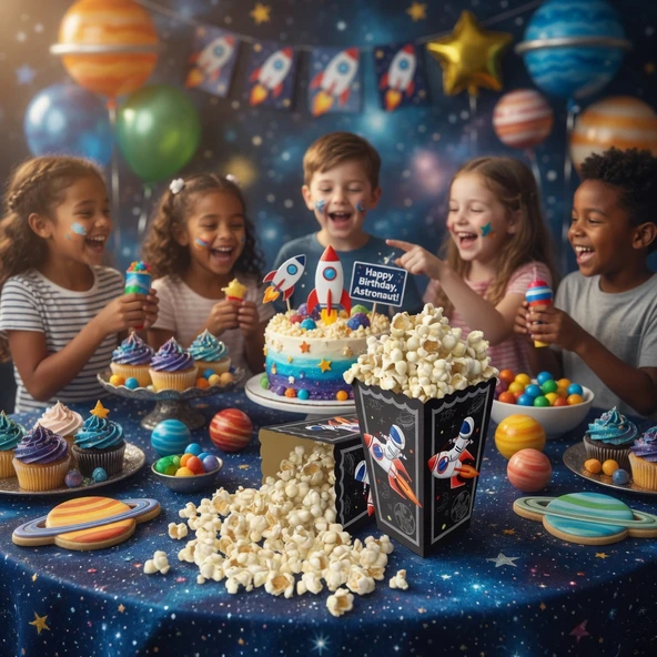 Uzay Temalı Pop Corn Mısır Kutusu 8li Çocuk Doğum Günü Parti Süsü Dekoru ürün görseli 1