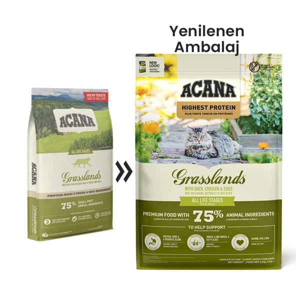 Acana Grasslands Tavuklu, Ördekli ve Hindili Tahılsız Kedi Maması 4,5kg ürün görseli 1