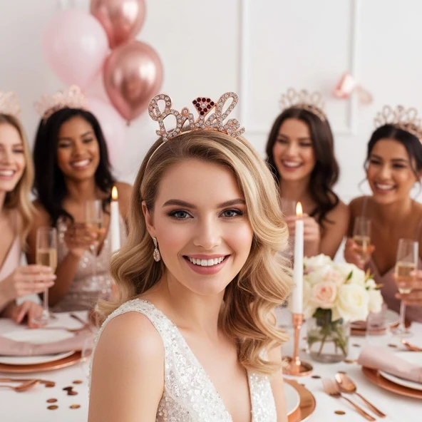 Bride Metal Taşlı Lüks El Yazılı Rosegold Taç Bekarlığa Veda Parti Aksesuarı ürün görseli 1