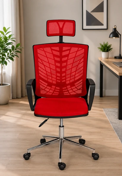 Ergonomik Fileli Ofis Koltuğu, Başlıklı Çalışma Koltuğu, Kırmızı Yönetici Koltuğu, Bilgisayar Sandalyesi ürün görseli 1