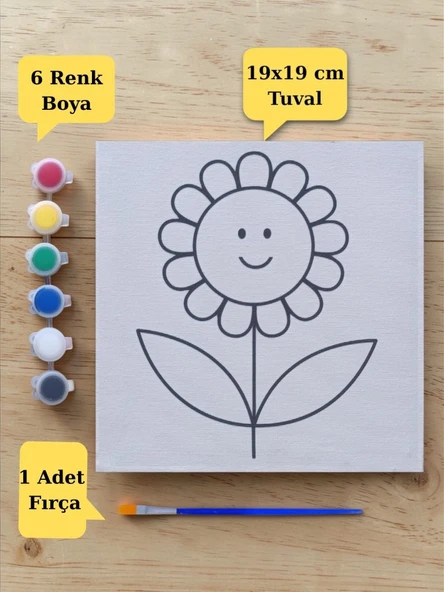 Sevimli Çiçek Baskılı Tuval Boyama Aktivite Seti 19x19 Cm (Tuval, Fırça ve 6 Renk Akrilik Boya Seti) ürün görseli 1