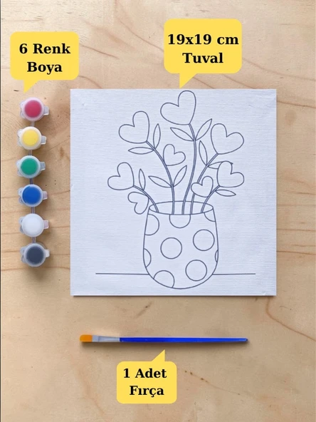 Çocuklara Özel Saksıda Çiçek Baskılı Tuval Boyama Aktivite Seti 19x19 Cm (Tuval, Fırça ve 6 Renk Akrilik Boya Seti) ürün görseli 1