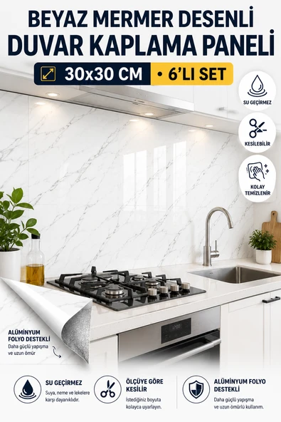 6 Adet Yapışkanlı Beyaz Mermer Desenli Duvar Kaplama Paneli 30x30 cm Suya Dayanıklı Dekoratif Duvar ürün görseli 1