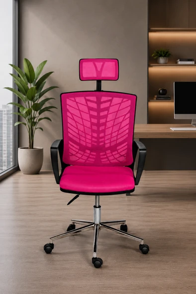 Ergonomik Fileli Ofis Koltuğu, Başlıklı Çalışma Sandalyesi Pembe Koltuk ürün görseli 1