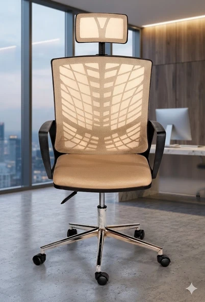 Ergonomik Fileli Ofis Koltuğu, Krem Başlıklı Çalışma Sandalyesi, Modern Yönetici Koltuğu ürün görseli 1