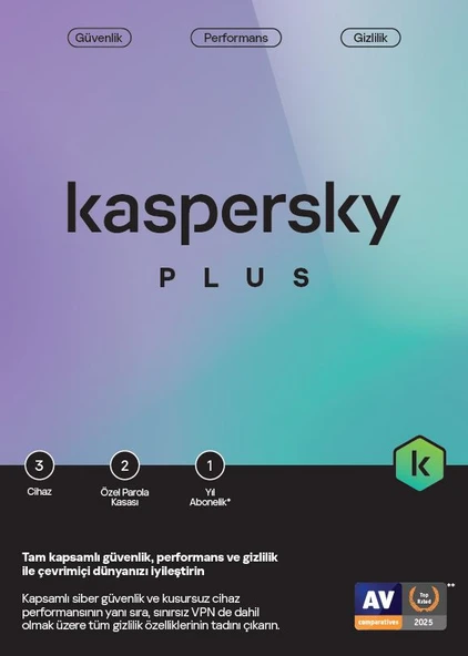 Kaspersky Plus Antivirüs Yazılımı Elektronik Lisans 3 Kullanıcı, 1 Yıl Sınırsız VPN Dahil (Resmi Distribütör Garantili) ürün görseli 1