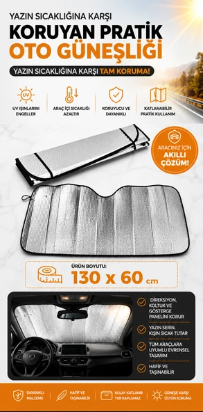 Katlanabilir Oto Güneşlik Ön Cam Güneş Koruyucu Araç Güneşlik UV Korumalı Universal Oto Cam Güneşliği 130x60 cm ürün görseli 1