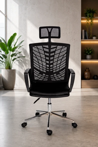 Ergonomik Fileli Ofis Koltuğu, Başlıklı Çalışma Sandalyesi, Siyah Yönetici Koltuğu ürün görseli 1