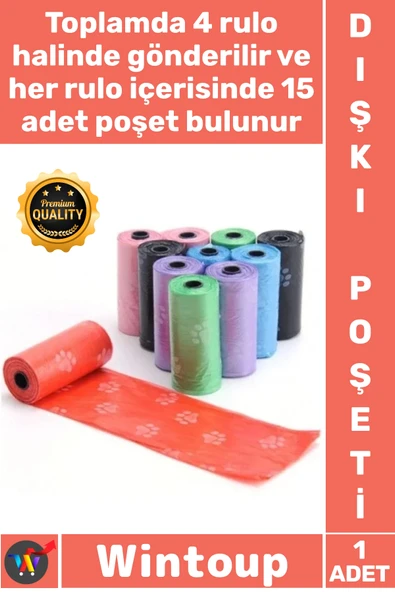 #Köpek Pati Desenli Dayanıklı Hijyenik Sızdırmaz Rulo 60 Adet Kaliteli Köpek Dışkı Poşeti 4'lü Set ürün görseli 1