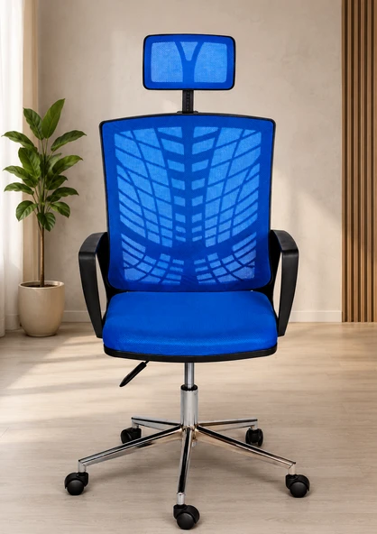 Ergonomik Fileli Çalışma Koltuğu, Başlıklı Ofis Koltuğu, Mavi Bilgisayar Koltuğu, Yönetici Sandalyesi ürün görseli 1