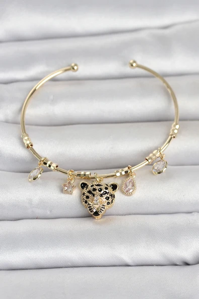 Pirinç Gold Renk Leopar Detaylı Charmlı Kadın Bileklik TJ-BB8490 ürün görseli 1