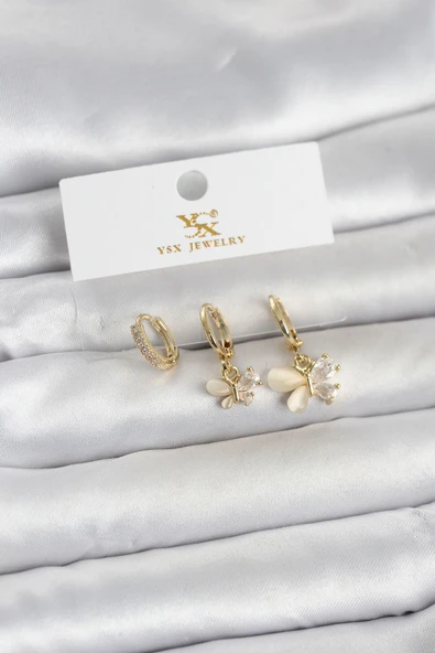 Pirinç Gold Renk Kelebek Model 3'lü Kadın Küpe - TJ-BKP11709 ürün görseli 1