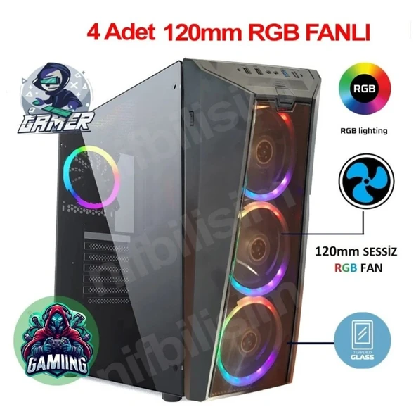 Nif Bilişim 4 Adet RGB Işıklı Fanlı Oyuncu Gamer Bilgisayar Kasası Temper Camlı PSU Hariç ürün görseli 1