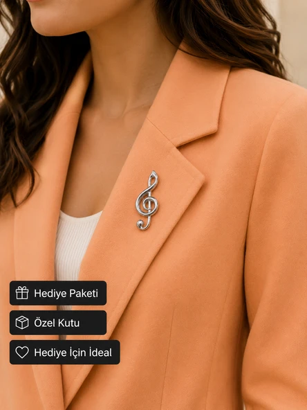 Sol Anahtarı Tasarımlı Gümüş Renk Müzik Nota Broşu – Kadın Yaka Aksesuarı ürün görseli 1