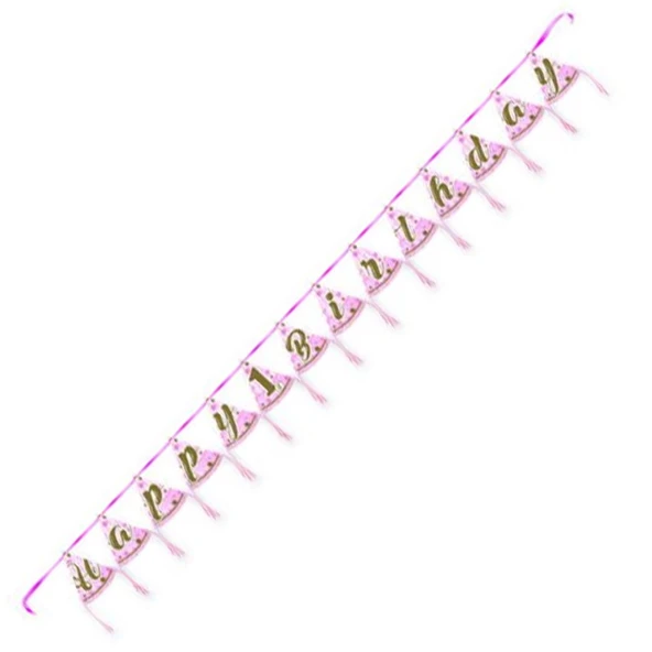 Bayrak Banner Set Flama 1 Yaş Happy Birthday Külah Pırıltılı First Pembe ürün görseli 1