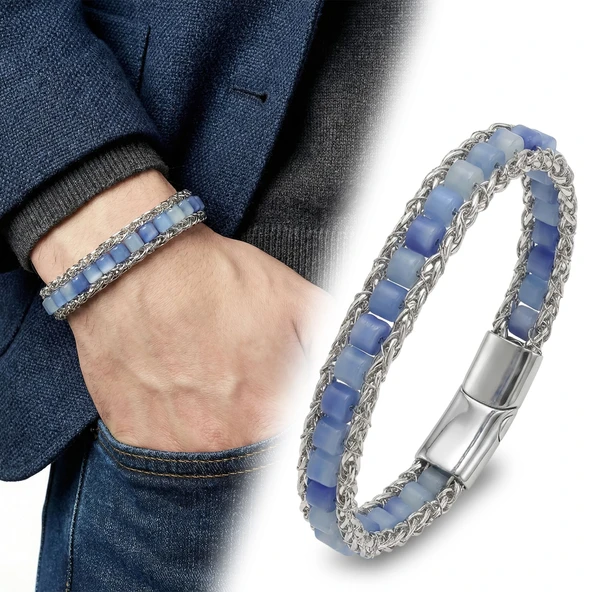 MeStore Mavi Aventurin Doğal Taşlı Hasır Örgü Zincirli Erkek Çelik Bileklik 31682B28D6 ürün görseli 1