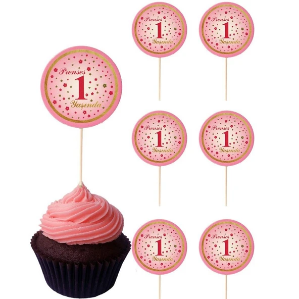 Prenses 1 Yaşında Kürdan Cupcake Kürdanı Pasta Süsü Pembe 20'li ürün görseli 1