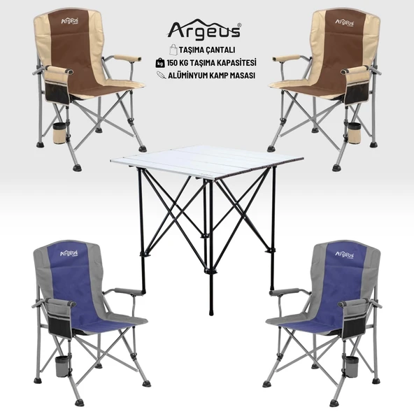 4 Adet Katlanır Kamp Sandalyesi ve Alüminyum Masa Seti - Rustic Silver -Kum/Mavi ürün görseli 1