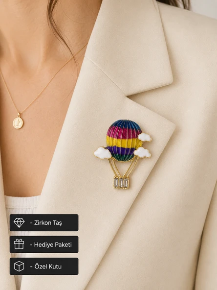 Renkli Sıcak Hava Balonu Kadın Broşu – Kristal Taşlı Vintage Tasarım Yaka İğnesi ürün görseli 1