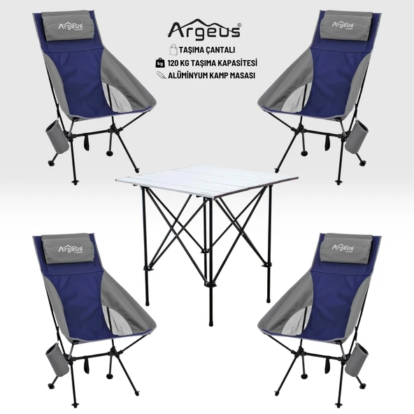 4 Adet Katlanır Kamp Sandalyesi ve Alüminyum Masa Seti - Aero Silver - Mavi ürün görseli 1
