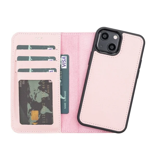 Apple iPhone 13 Mini Uyumlu Deri Cüzdanlı Kılıf NU2 Pembe ürün görseli 1