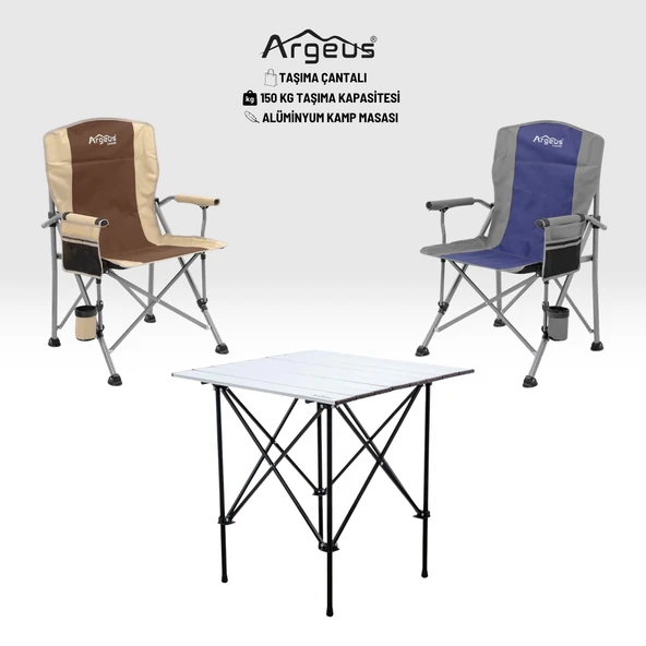2 Adet Katlanır Kamp Sandalyesi ve Alüminyum Masa Seti - Rustic Silver -Kum/Mavi ürün görseli 1