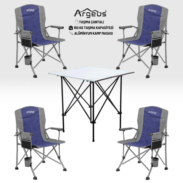 4 Adet Katlanır Kamp Sandalyesi ve Alüminyum Masa Seti - Rustic Silver - Mavi ürün görseli 1