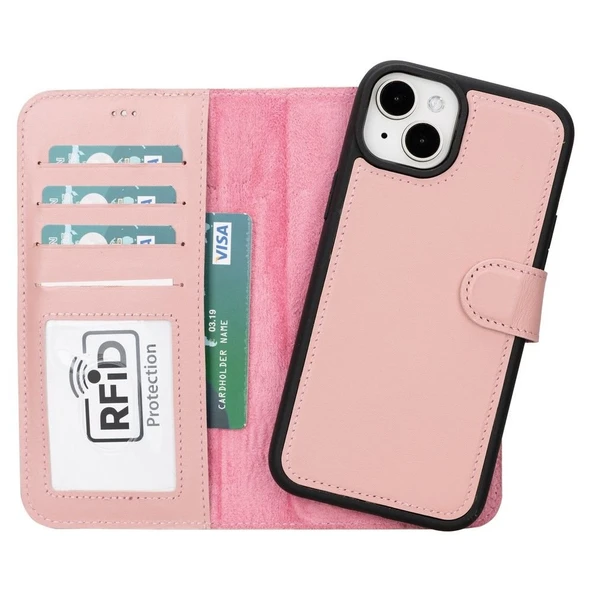 Apple iPhone 15 Plus Uyumlu Deri Cüzdanlı Kılıf MWWN NU2 Pembe ürün görseli 1