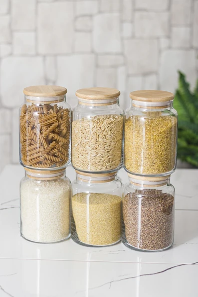 6 Lı Set Bambu Kapaklı Cam Kavanoz & Erzak Saklama Kabı 800 ml Orta  Boy ( Vakum Kapak ) ürün görseli 1